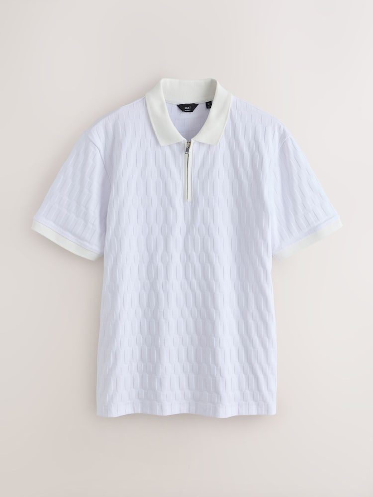 Ecru Zip Neck N. Premium Smart Jaquard Polo Shirt - Image 1 of 3 Ecru Zip Neck N. Premium Smart Jaquard Polo Shirt - Image 1 of 3