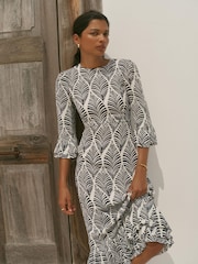 Mint Velvet Blue Printed Ruffle Detail Midi Dress - Image 4 of 8