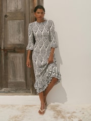 Mint Velvet Blue Printed Ruffle Detail Midi Dress - Image 6 of 8
