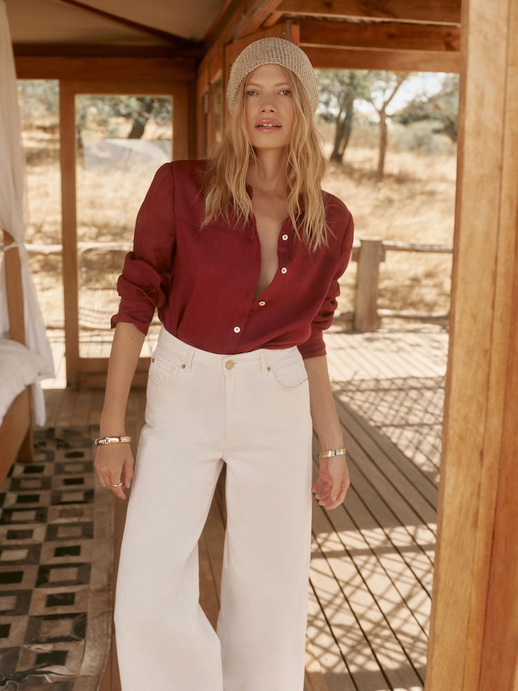 Mint Velvet Red Linen Sheer Panel Shirt - Image 2 of 8 Mint Velvet Red Linen Sheer Panel Shirt - Image 2 of 8