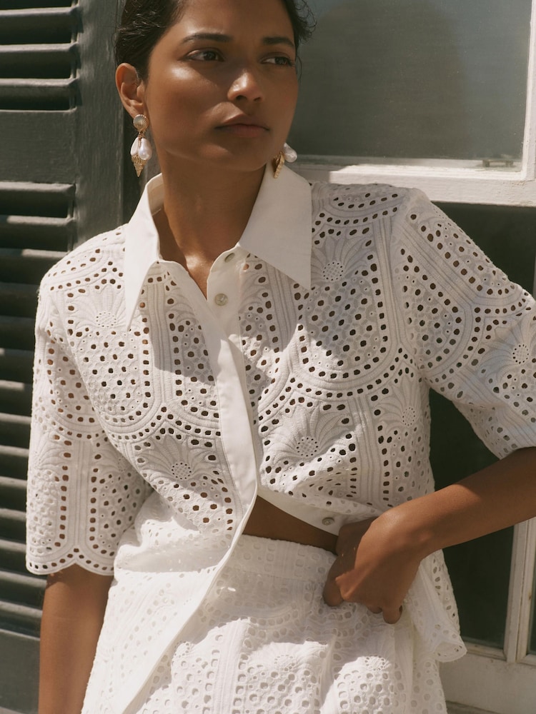 Mint Velvet White Cotton Broderie Shirt - Image 2 of 8