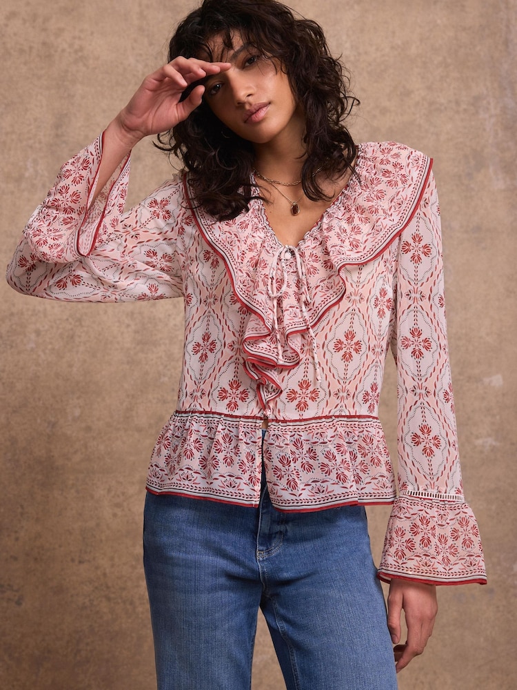 Mint Velvet Pink Geo Print Ruffle Blouse - Image 2 of 8 Mint Velvet Pink Geo Print Ruffle Blouse - Image 2 of 8