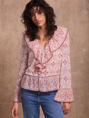 Mint Velvet Pink Geo Print Ruffle Blouse - Image 4 of 8