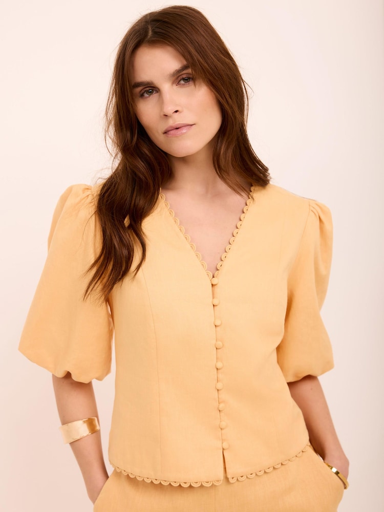 Mint Velvet Yellow Linen Puff Sleeve Top - Image 2 of 7