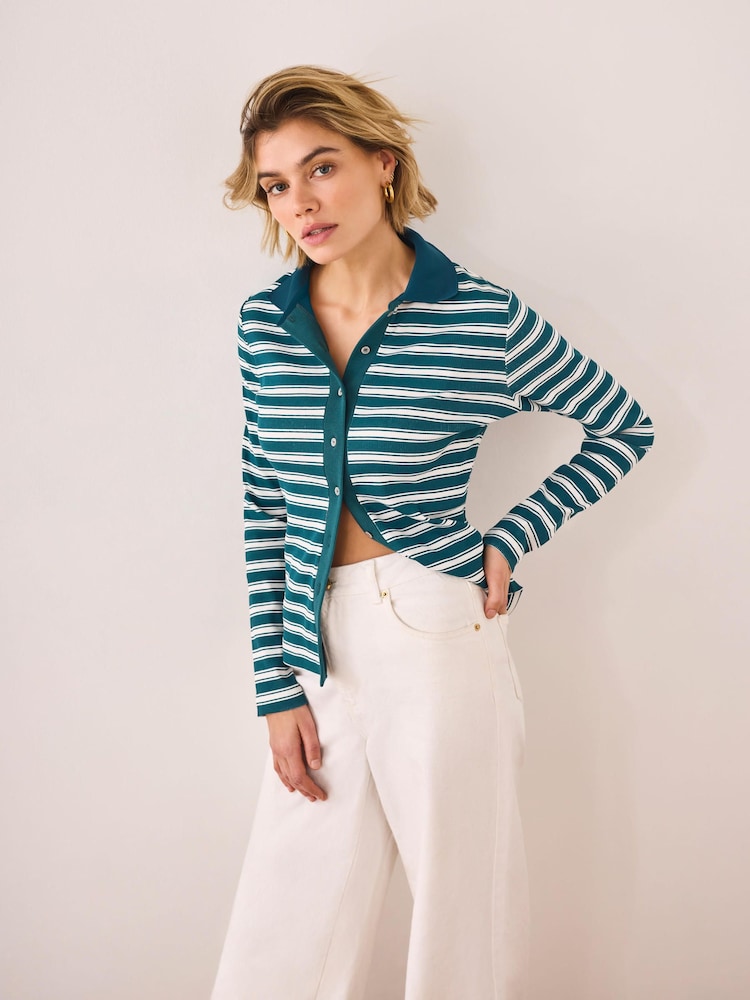 Mint Velvet Green Cotton Blend Striped Polo Shirt - Image 1 of 7