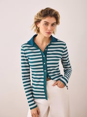 Mint Velvet Green Cotton Blend Striped Polo Shirt - Image 2 of 7
