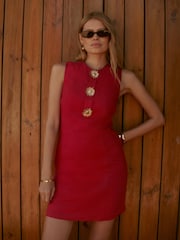 أحمر - Mint Velvet Linen Statement Button Mini Dress - Image 2 of 7