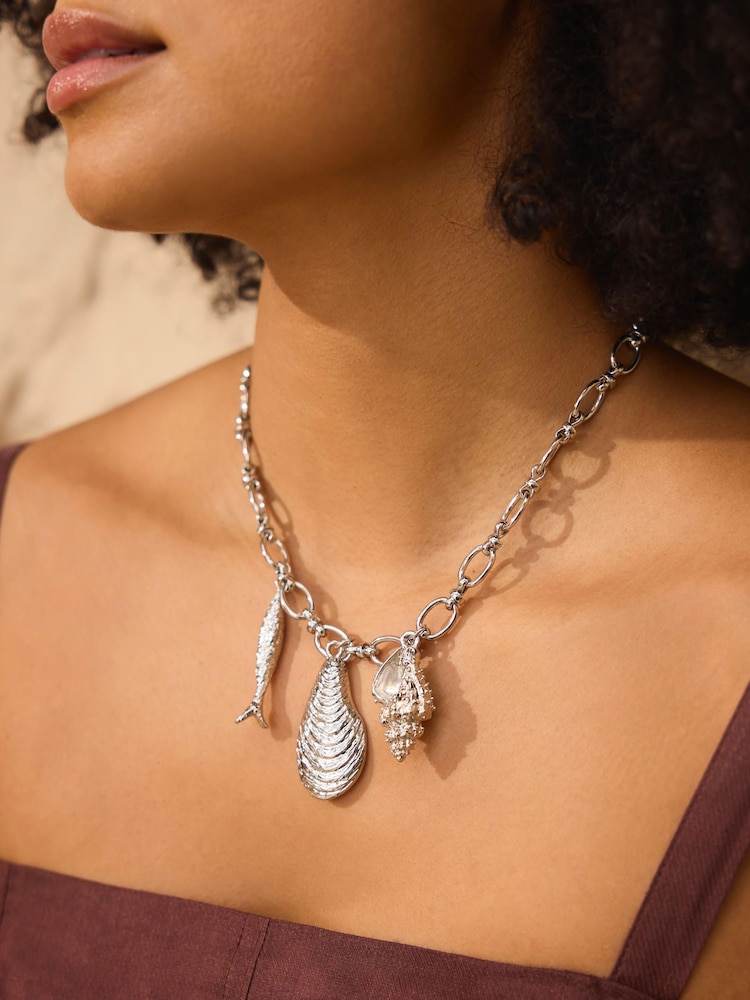 Mint Velvet Silver Tone Shell Statement Charm Necklace - Image 5 of 5