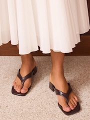 Mint Velvet Brown Millie Leather Block Flip Flop Heels - Image 2 of 6