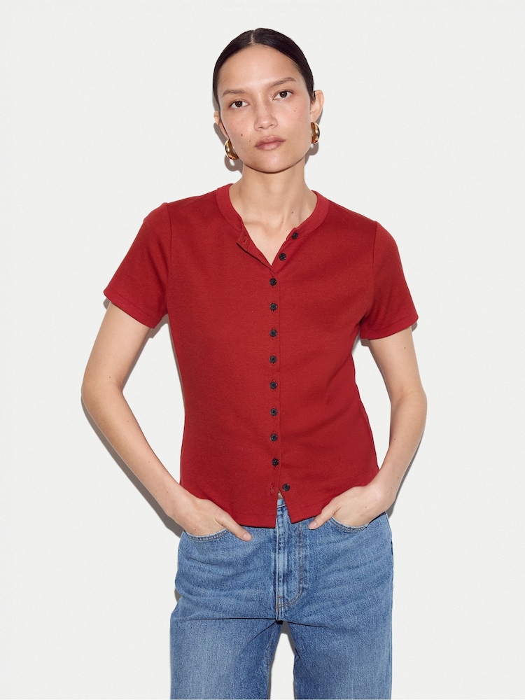 Jigsaw Red Fine Rib Baby Button T-Shirt - Image 1 of 5 Jigsaw Red Fine Rib Baby Button T-Shirt - Image 1 of 5