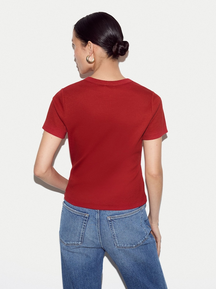 Jigsaw Red Fine Rib Baby Button T-Shirt - Image 2 of 5 Jigsaw Red Fine Rib Baby Button T-Shirt - Image 2 of 5