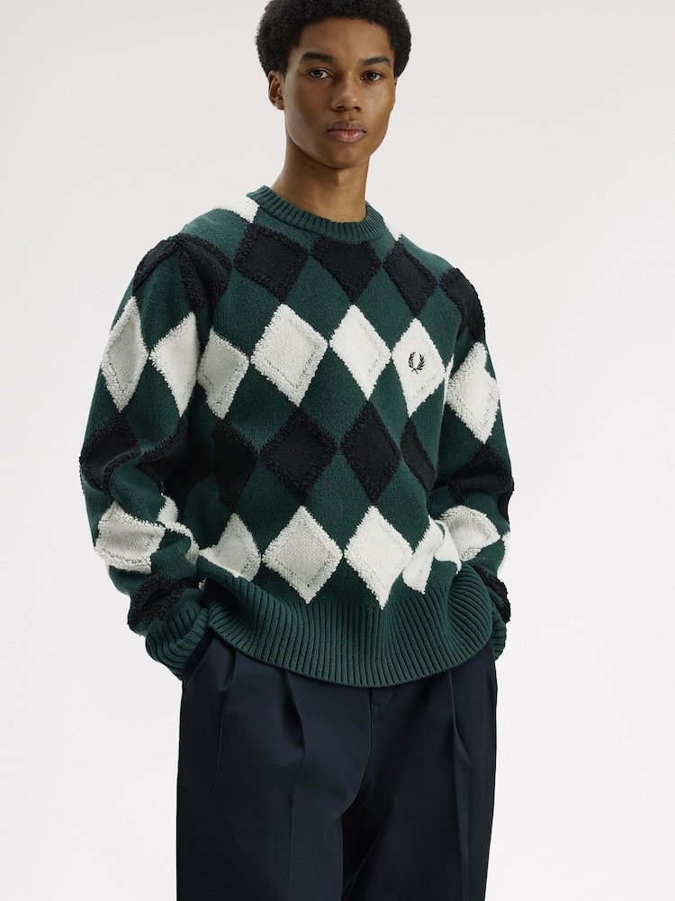 Fred Perry Green Textured Argyle Jumper - Image 2 of 5