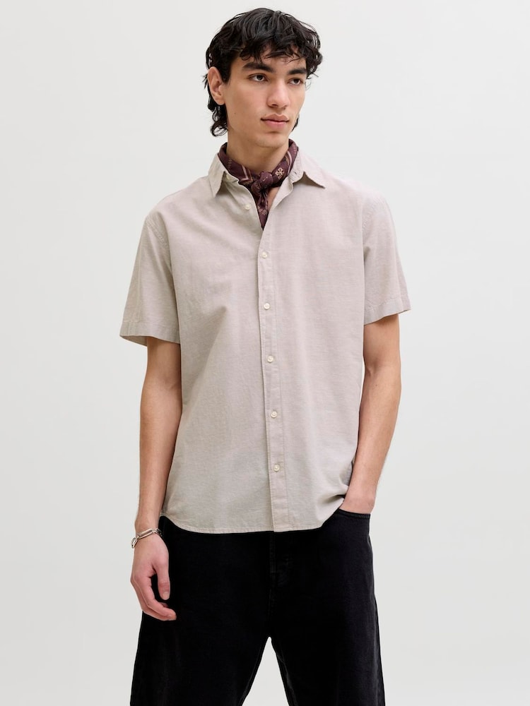 JACK & JONES Brown Linen Blend Short Sleeve Shirt - Image 1 of 7