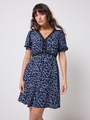 SCAMP & DUDE Blue Jaguar Lace Trim Short Tea Dress - Image 1 of 4