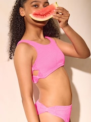 Lipsy Pink Bow Cut Out Scoop Neck Textured Bikini (5-16yrs) - Image 3 of 5