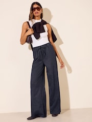 Friends Like These Navy Petite Pinstripe Elasticated Waist Wide Leg Trousers - Image 3 of 6