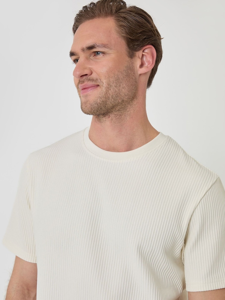 Threadbare Cream Textured Rib Cotton Crew Neck T-Shirt - Image 2 of 4 Threadbare Cream Textured Rib Cotton Crew Neck T-Shirt - Image 2 of 4