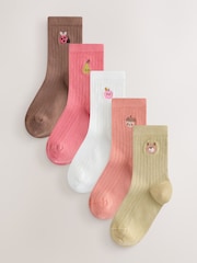 Green Orange White and Brown Cotton Rich Ankle Embroidered Character Socks 5 Pack - Image 1 of 10
