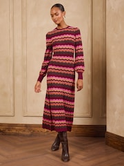 Love & Roses Burgundy Red Zig Zag Striped Sparkle Detail Knitted Crew Neck Midi Dress - Image 1 of 6