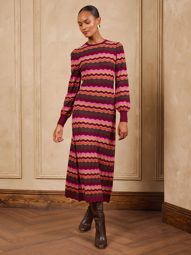 Love & Roses Burgundy Red Zig Zag Striped Sparkle Detail Knitted Crew Neck Midi Dress - Image 1 of 6 Love & Roses Burgundy Red Zig Zag Striped Sparkle Detail Knitted Crew Neck Midi Dress - Image 1 of 6