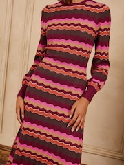 Love & Roses Burgundy Red Zig Zag Striped Sparkle Detail Knitted Crew Neck Midi Dress - Image 2 of 6