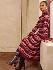 Love & Roses Burgundy Red Zig Zag Striped Sparkle Detail Knitted Crew Neck Midi Dress - Image 4 of 6