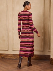 Love & Roses Burgundy Red Zig Zag Striped Sparkle Detail Knitted Crew Neck Midi Dress - Image 5 of 6