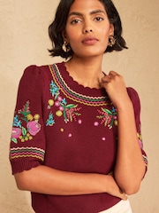 Love & Roses x RHS Burgundy Red Floral Embroidered Scallop Neck Knitted Top - Image 1 of 4