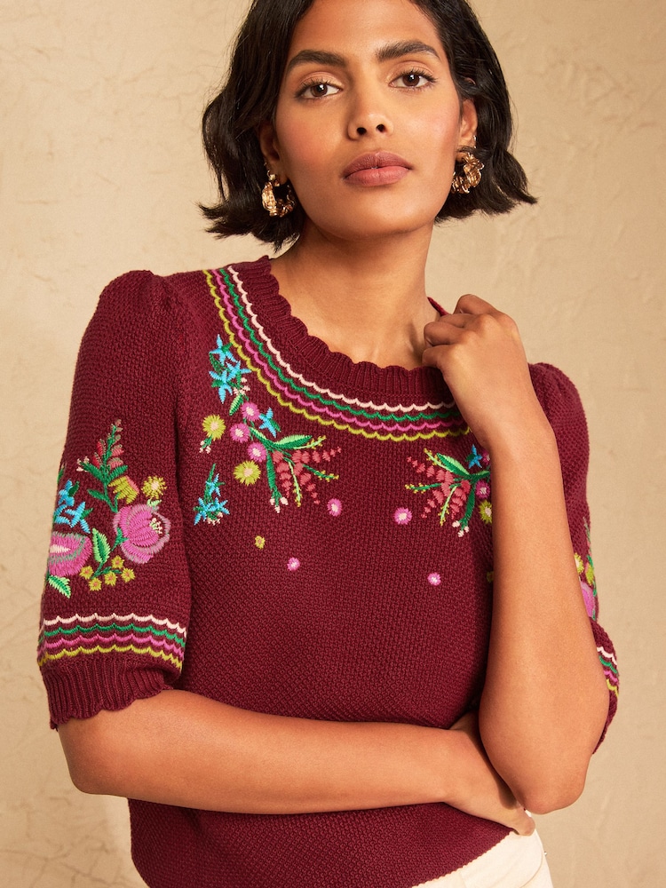 Love & Roses x RHS Burgundy Red Floral Embroidered Scallop Neck Knitted Top - Image 1 of 4