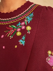 Love & Roses x RHS Burgundy Red Floral Embroidered Scallop Neck Knitted Top - Image 2 of 4