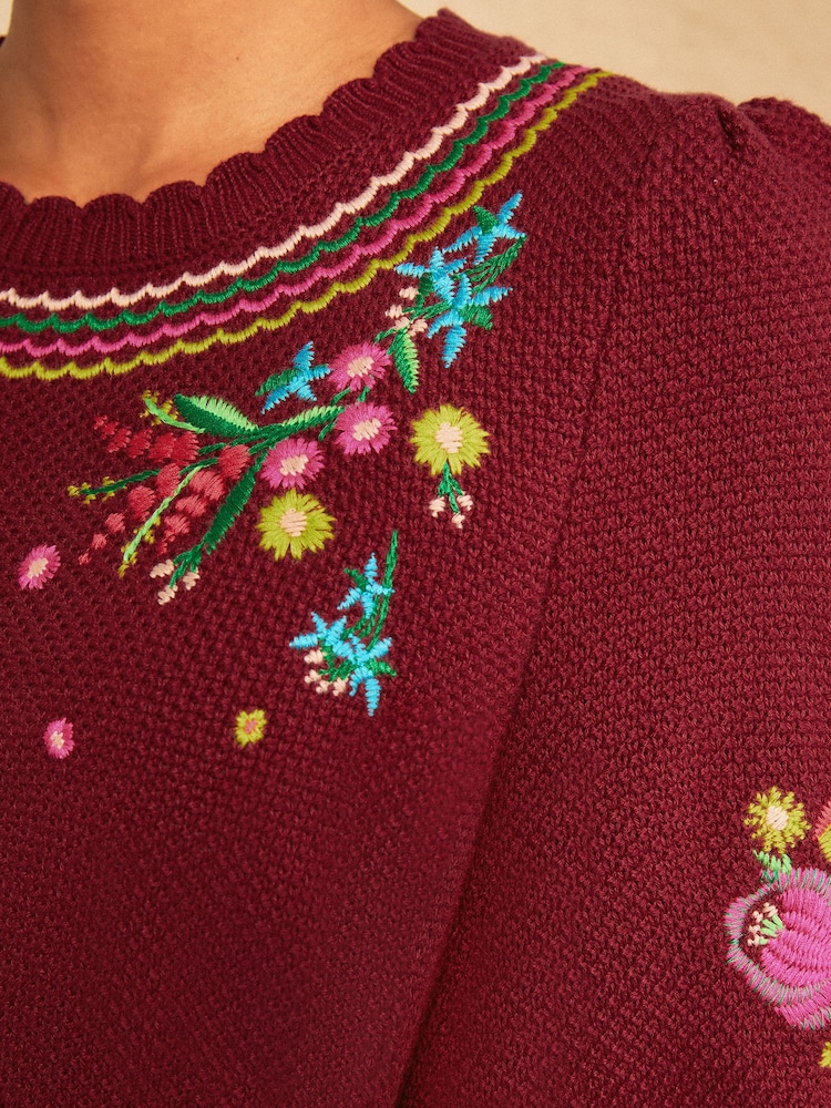 Love & Roses x RHS Burgundy Red Floral Embroidered Scallop Neck Knitted Top - Image 2 of 4