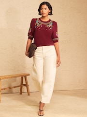 Love & Roses x RHS Burgundy Red Floral Embroidered Scallop Neck Knitted Top - Image 3 of 4