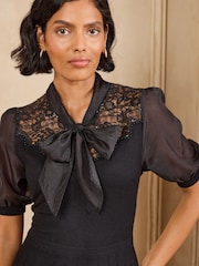 Love & Roses Black Tie Neck Woven Sleeve Sequin Detail Knitted Mini Dress - Image 2 of 5