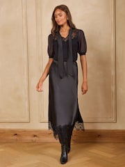 Love & Roses Black Tie Neck Woven Puff Sleeve Sequin Detail Knitted Top - Image 3 of 5