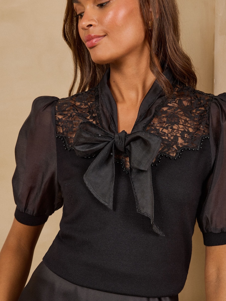 Love & Roses Black Tie Neck Woven Puff Sleeve Sequin Detail Knitted Top - Image 5 of 5