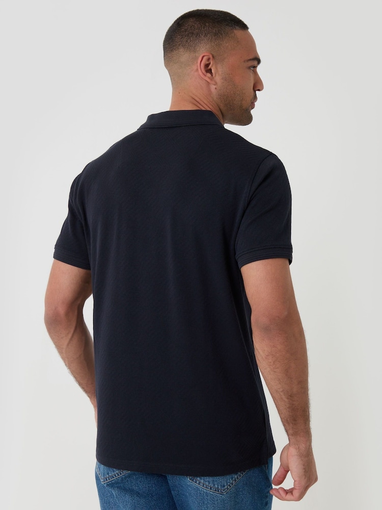 Threadbare Blue Textured Cotton Polo Shirt - Image 2 of 5 Threadbare Blue Textured Cotton Polo Shirt - Image 2 of 5