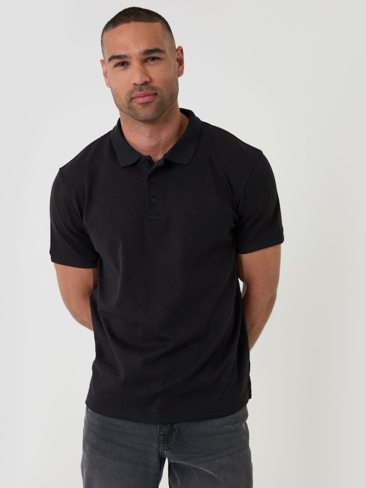 Threadbare Black Textured Cotton Polo Shirt - Image 1 of 5 Threadbare Black Textured Cotton Polo Shirt - Image 1 of 5