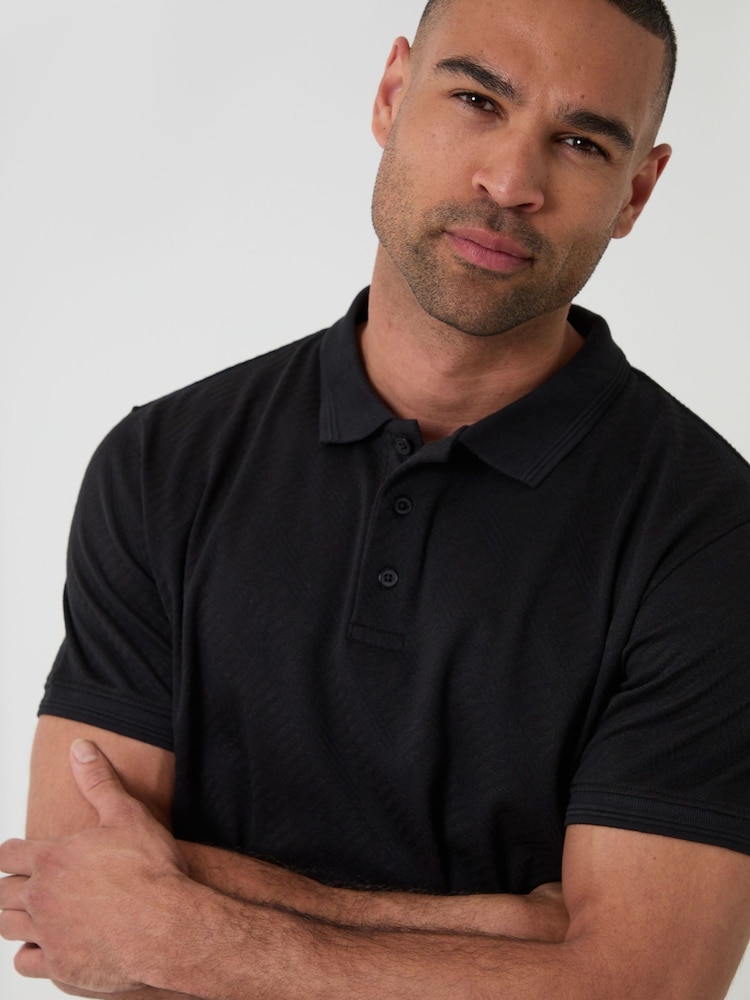 Threadbare Black Textured Cotton Polo Shirt - Image 2 of 5 Threadbare Black Textured Cotton Polo Shirt - Image 2 of 5
