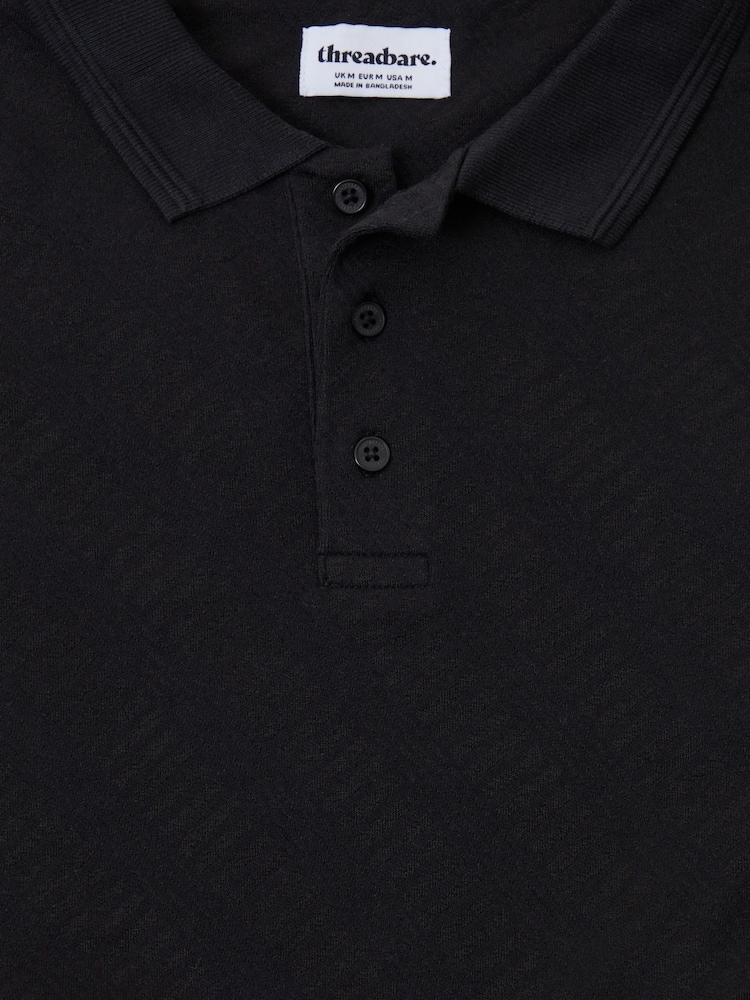 Threadbare Black Textured Cotton Polo Shirt - Image 5 of 5 Threadbare Black Textured Cotton Polo Shirt - Image 5 of 5