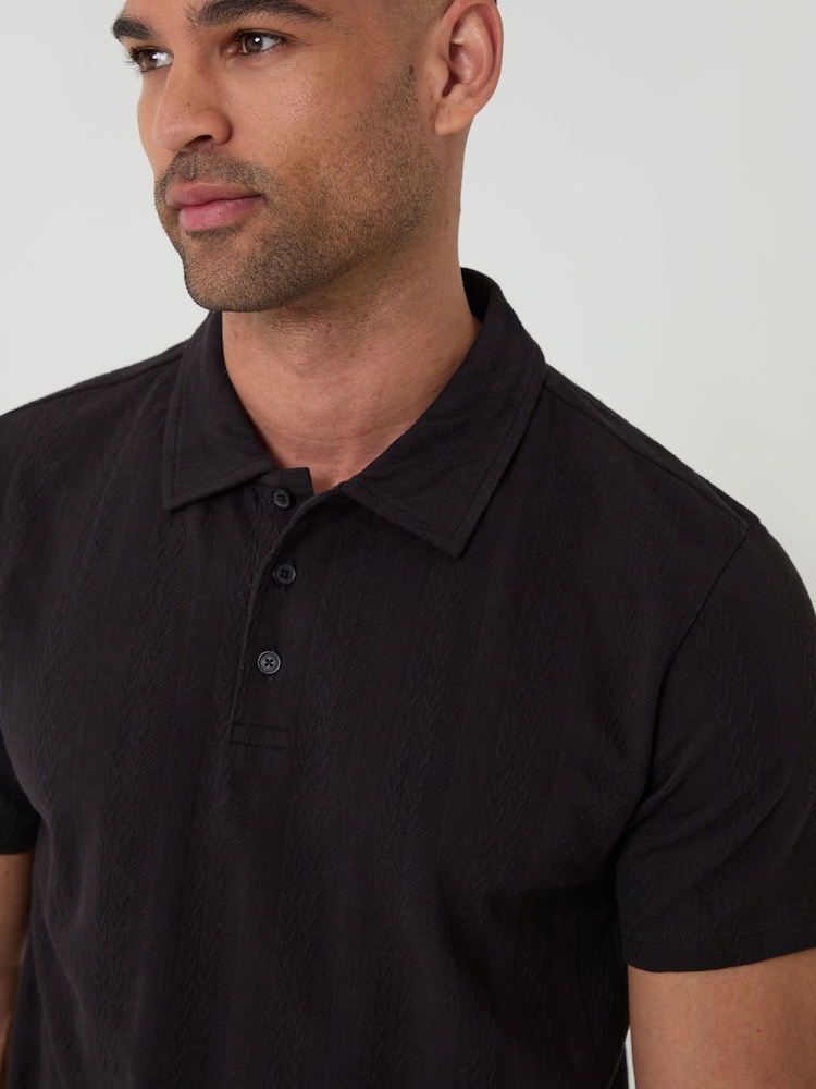 Threadbare Black Textured Cotton Polo Shirt - Image 2 of 5 Threadbare Black Textured Cotton Polo Shirt - Image 2 of 5