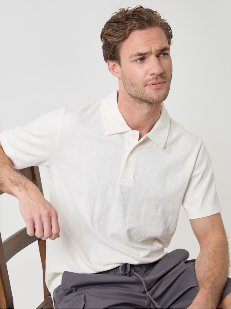 Threadbare Cream Textured Cotton Polo Shirt - Image 1 of 6 Threadbare Cream Textured Cotton Polo Shirt - Image 1 of 6