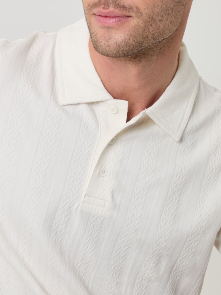 Threadbare Cream Textured Cotton Polo Shirt - Image 2 of 6 Threadbare Cream Textured Cotton Polo Shirt - Image 2 of 6