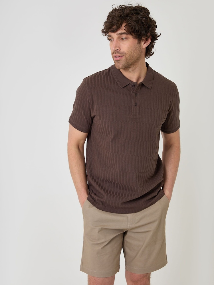 Threadbare Brown Textured Cotton Polo Shirt - Image 1 of 4 Threadbare Brown Textured Cotton Polo Shirt - Image 1 of 4