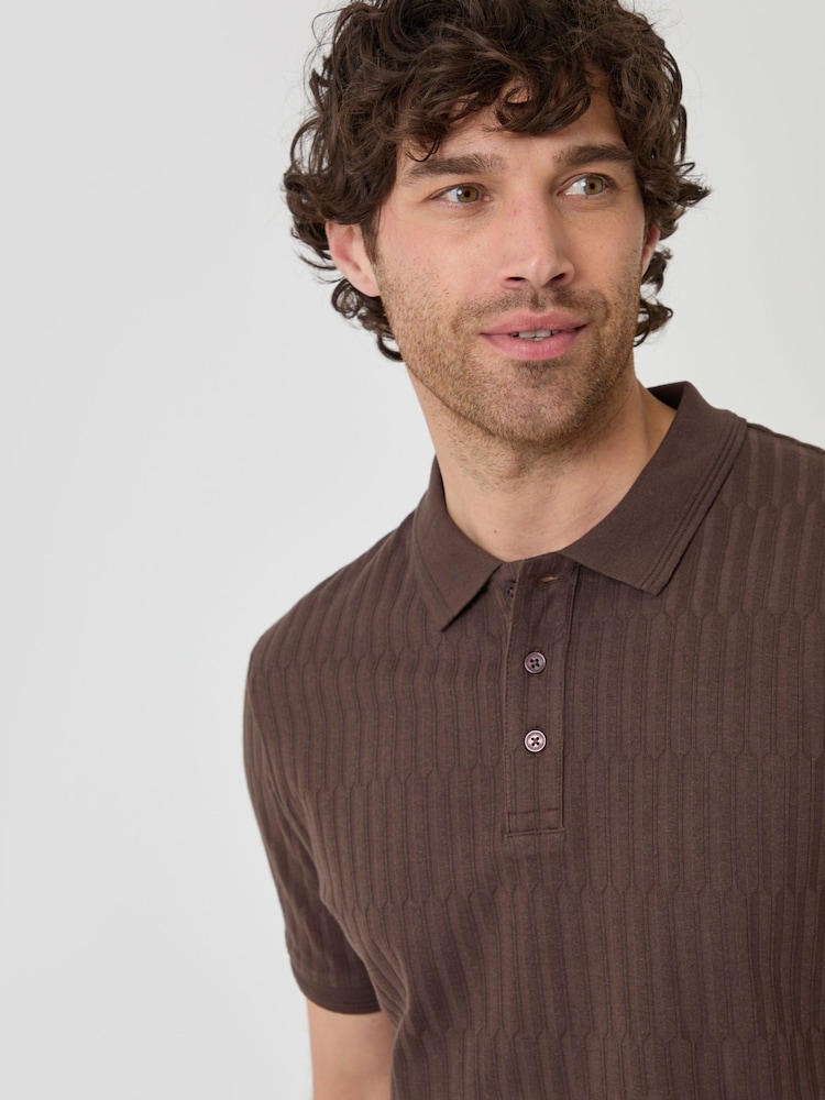 Threadbare Brown Textured Cotton Polo Shirt - Image 2 of 4 Threadbare Brown Textured Cotton Polo Shirt - Image 2 of 4