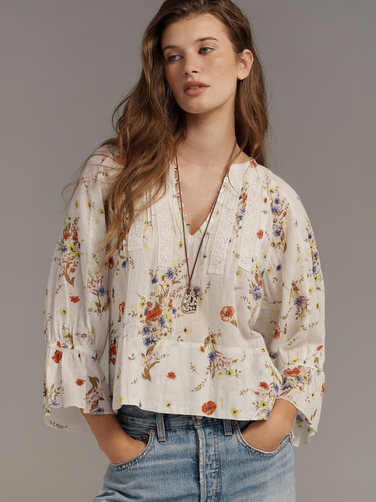 Anthropologie Cream Cotton Pintuck V-Neck Blouse - Image 1 of 4