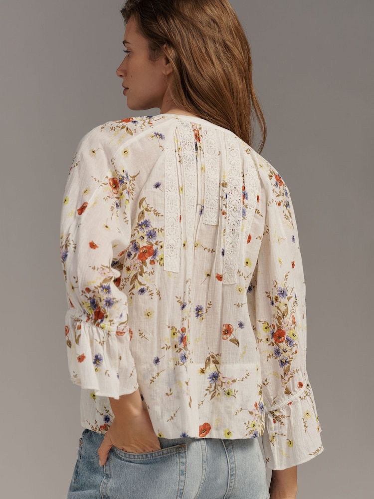 Anthropologie Cream Cotton Pintuck V-Neck Blouse - Image 2 of 4