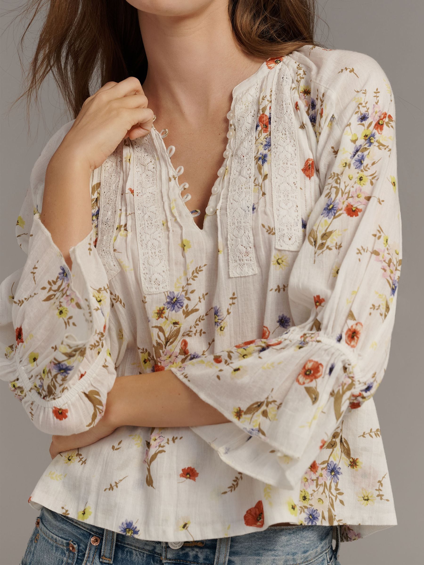 Buy Anthropologie Cream Floral Cotton Pintuck V-Neck Long Sleeve