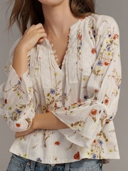 Anthropologie Cream Cotton Pintuck V-Neck Blouse - Image 3 of 4