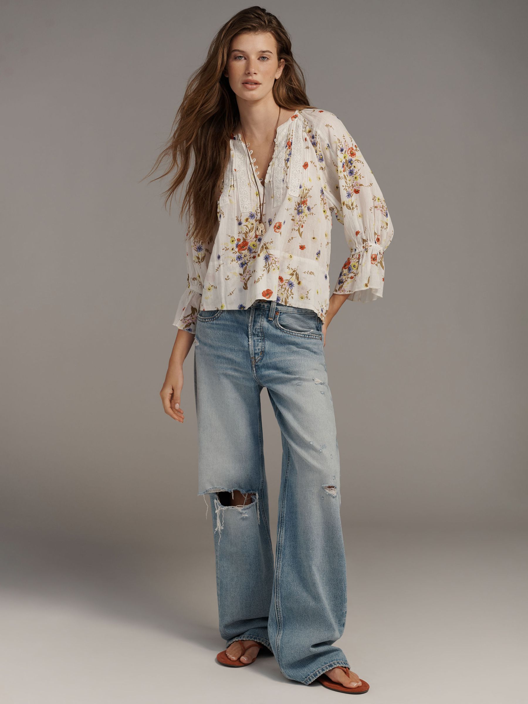 Buy Anthropologie Cream Floral Cotton Pintuck V-Neck Long Sleeve