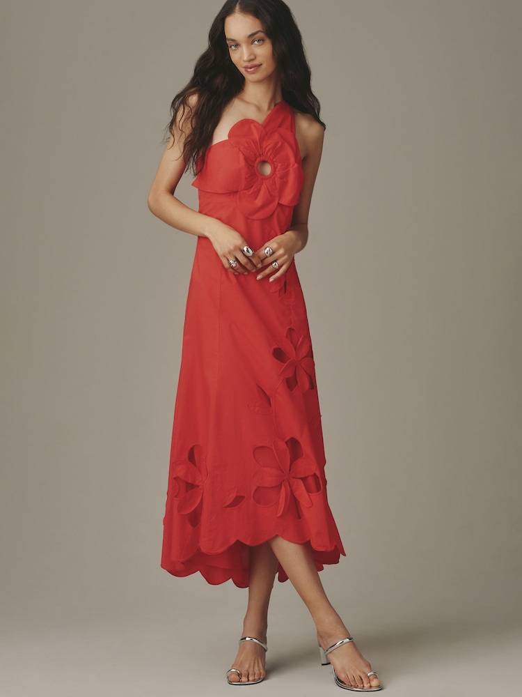 Anthropologie Red One-Shoulder Cutwork Dress - Image 1 of 4 Anthropologie Red One-Shoulder Cutwork Dress - Image 1 of 4